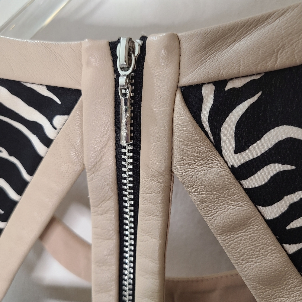 REBECCA TAYLOR Leather Trim Cage Dress Black/Cream Silk Tiger Print Sz 8 - Picture 7 of 13